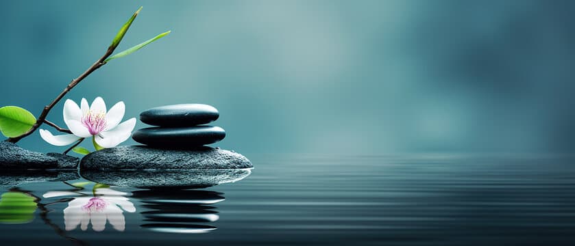 Zen-like stacked stones beside calm water